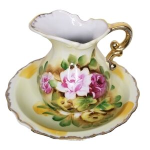 Japan Handpainted Porcelain Pitcher And Basin Rose Floral‎ Design Gold